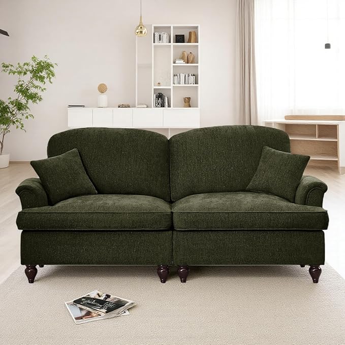 Oversized Large Two Seater Sofa, Comfy Chenille Love Seat Couch with Removable Ruffles Pleats & Large Petal-Shaped Armrests, Elegant Mid Century Convertible Sofa with Spindle Legs, Green