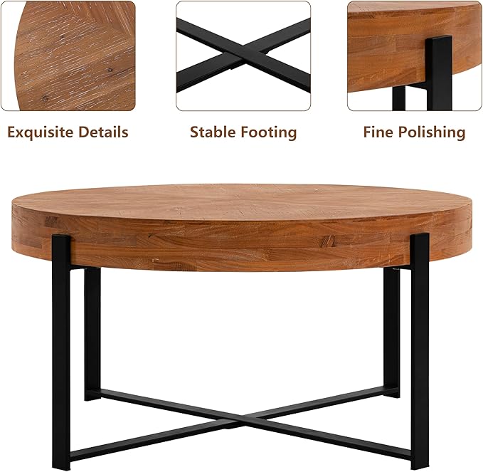 33.86" Round Coffee Table with X-Shaped Black Metal Legs, Solid Wood Circle Table for Living Room, Retro Circular Table, Natural+Black