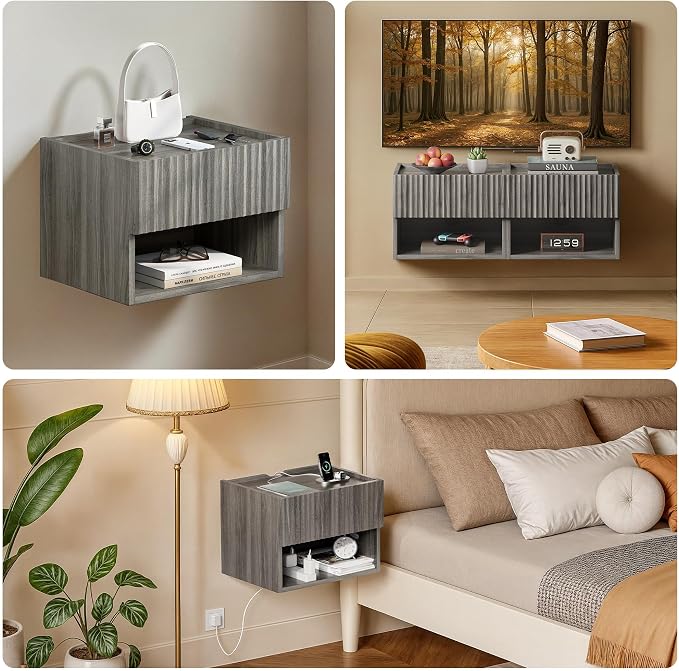 Lazzanto Floating Nightstand Bedroom Bedside Table - Floating Night Stand Set of 2 with Storage Drawer, Wood Morden Wall Mounted Bedside Tables for Dorm Hallway Entryway - Image 5