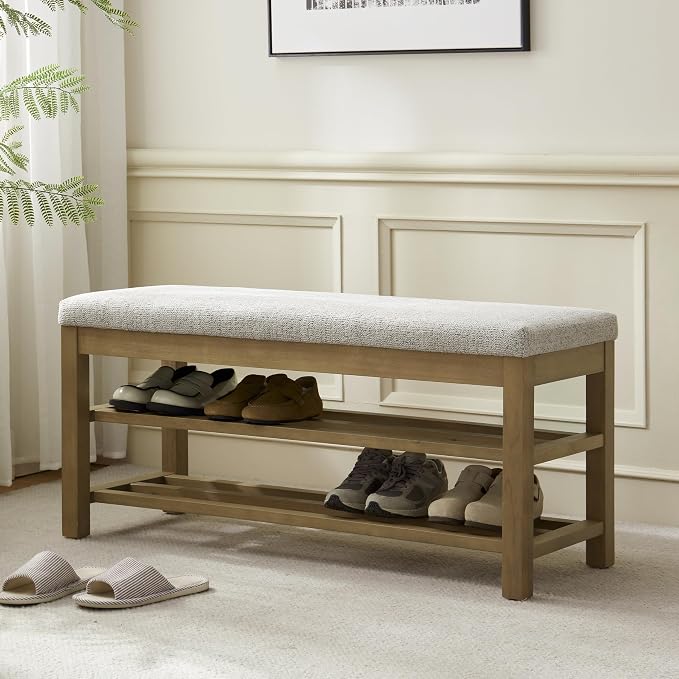 VKNOW Entryway Bench, 44.3” Upholstered Shoe Storage Bench for Bedroom, 2-Tier Storage End of Bed Bench with Rubberwood Legs for Living Room, Hallway, Beige by VKNOW