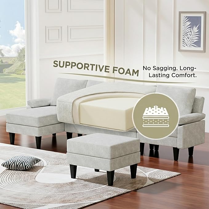 4-Seat U-Shaped Modular Sofa with Double Storage Ottoman - Space-Saving Convertible Lounge Couch for Home & Office, White