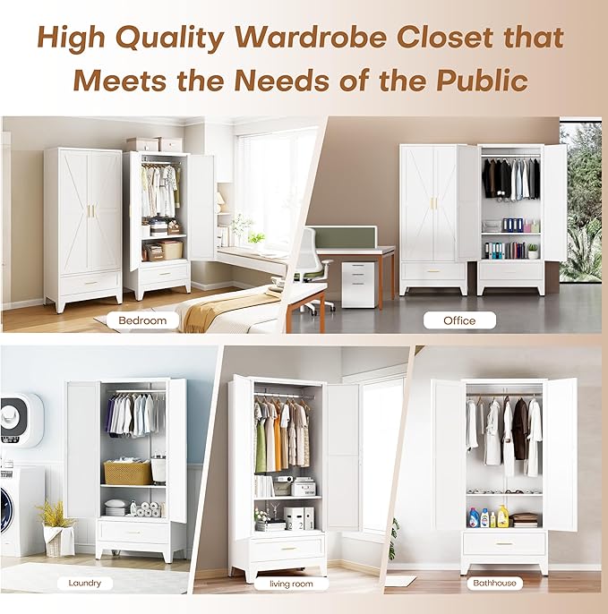 Metal Armoire Wardrobe Closet with 1 Drawer, 71" Wardrobe Cabinet with 1 Adjustable Shelf & 1 Hanging Rod for Bedroom, White Metal Closet Storage Cabinet with 2 Doors & Drawers