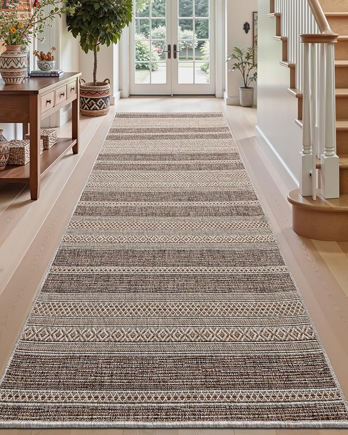 DEXI Hallway Runner Rug 3.3x10, Woven Braided Farmhouse Runner Carpet Indoor, Absorbent Thin Long Entryway Runners for Kitchen, Laundry Room, Patio Entrance, Striped Brown by DEXI