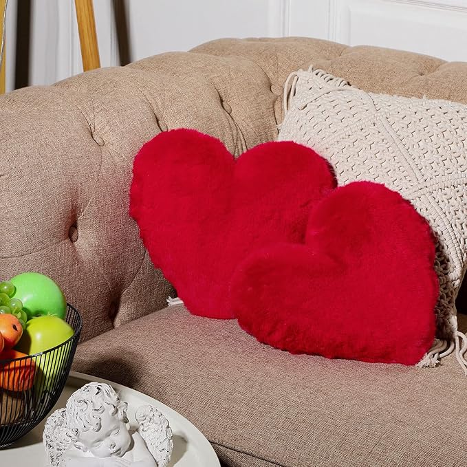 Marsui 2 Pcs Heart Throw Pillows, Soft Fluffy Faux Fur Decorative Hearts Shaped Pillows for Living Room Sofa Bed, Cute Heart Themed Gift for Women(Red,11.81 x 11.02 Inch)