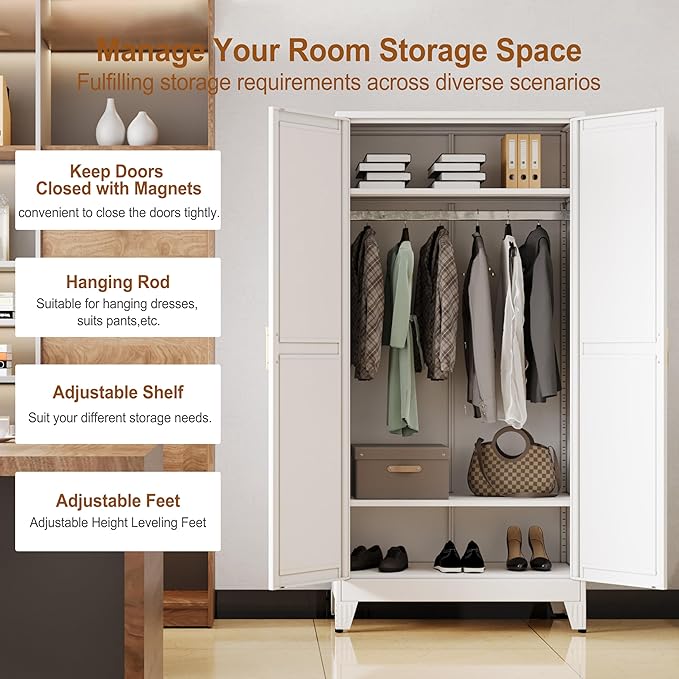Metal Armoire Wardrobe Closet Storage Cabinet with 2 Doors White, 71'' Wardrobe Cabinet with Hanging Rod Metal Closet with 2 Adjustable Shelves for Bedroom, Laundry Room, Cloak Room