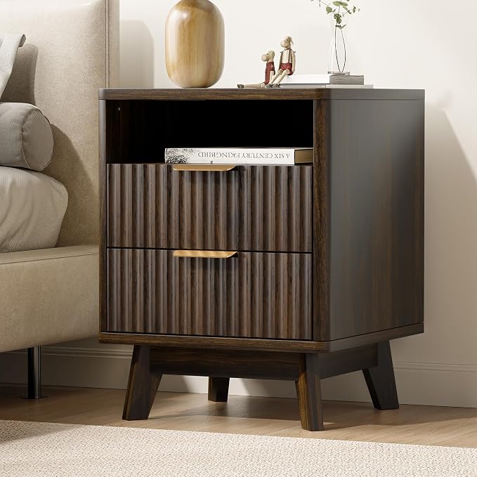 Fluted Nightstand with 2 Drawers, 18" Modern Night Stand with Faux Marble Top, Open Storage Shelf, Curved Edge Bedside Table for Bedroom, End Side Table (2, Walnut) - Image 8