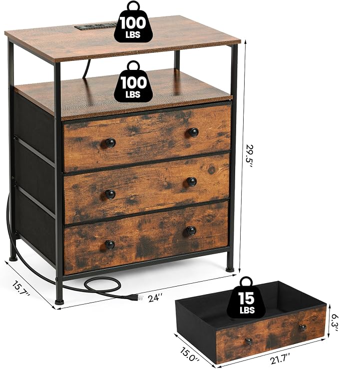 3 Drawers Dresser with Charging Station, 24 Inch Wide LED Night Stand Set 2 with Adjustable Fabric Drawer, Nightstand with Storage Shelf for Living Room/Bedroom/Office, Rustic Brown. - Image 3