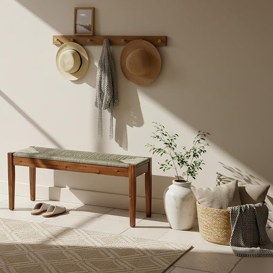 Solid Wood Acacia Indoor Bench with Natural Woven Seat, 45 Inch Wood Bench for Living Room or Entryway, Bedroom End of Bed Bench or Dining Benches, Window Bench by AVCONNECT