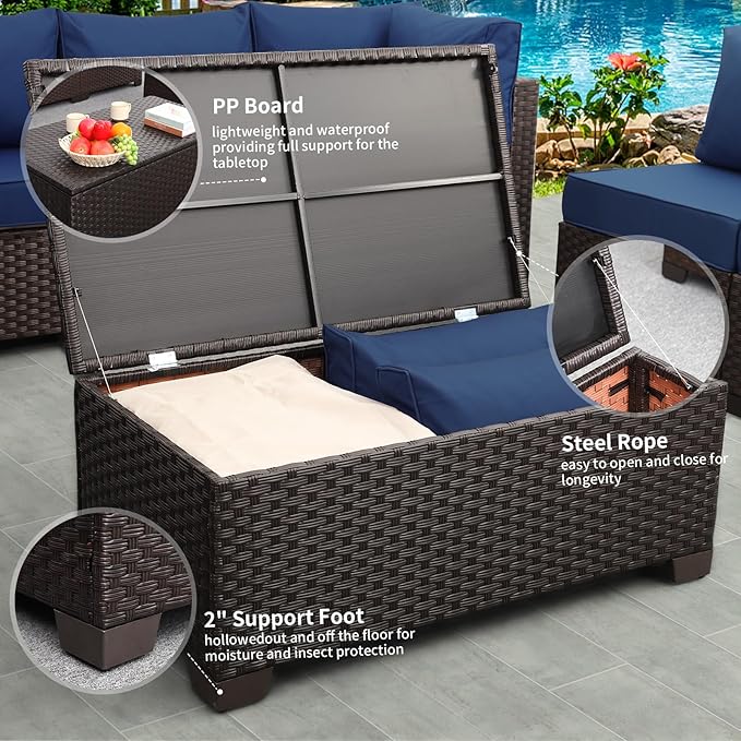 Rattaner Patio Furniture Set 5 Pieces Outdoor Furniture Set Outdoor Couch Coffee Table with Storage No-Slip Cushions and Waterproof Covers, Navy Blue