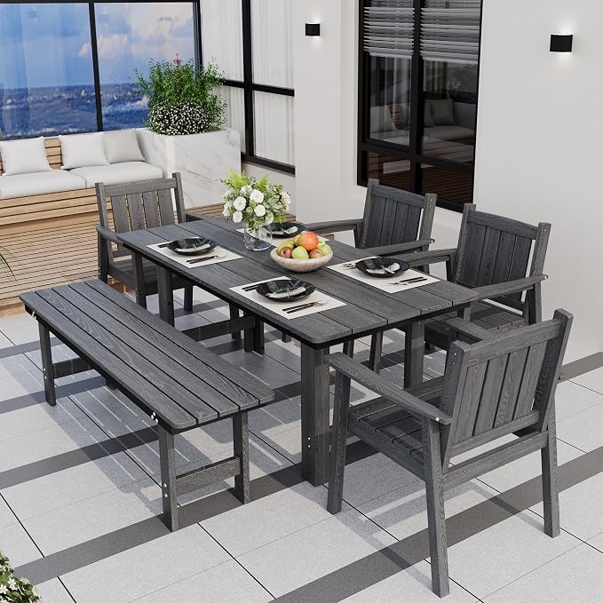 Pamapic 6 PCS Outdoor Dining Set, Spacious HDPE Outdoor Table with 4 Chairs and 1 Bench, Wood Grain Patio Furniture Sets with Elegant Armrest, All-Weather Patio Dining Table with Umbrella Hole, Gray - Image 9