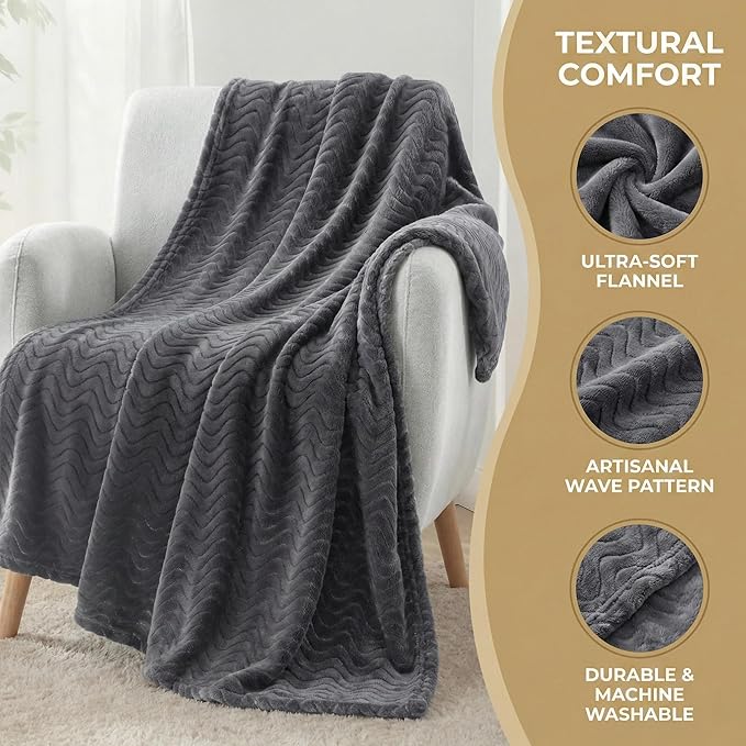 Exclusivo Mezcla Queen Blanket for Bed, Cozy Lightweight Fleece Blankets for All Season, Decorative Giftable Fuzzy Plush Wave Textured Suitable for Women, Men, Dark Grey, 90x90 Inches