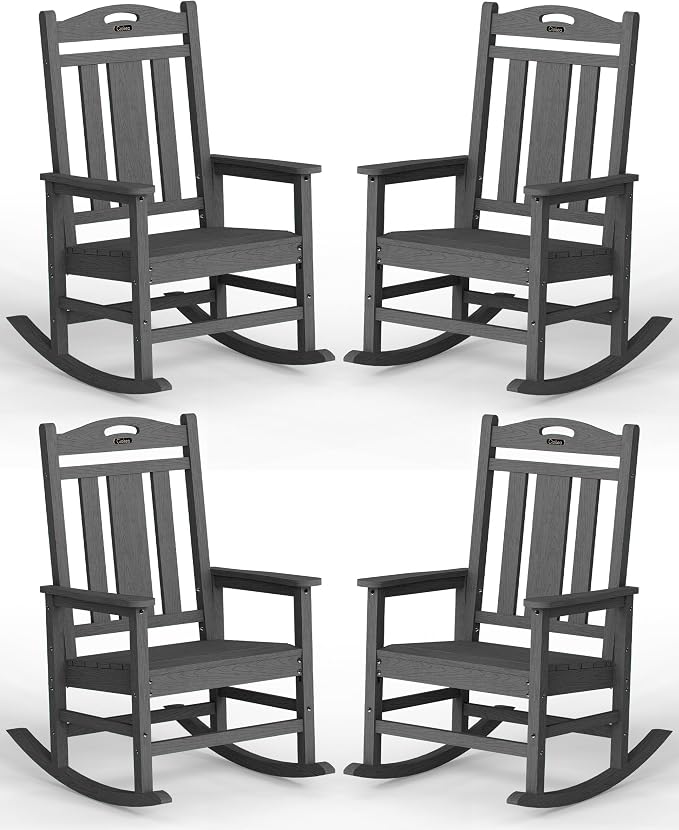 Ciokea Oversized Outdoor Rocking Chairs Set of 4, 380lbs Heavy-Duty Large Patio Rocker, High Back Cozy Porch Chairs, Weather Resistant Patio Rocking Chairs for Outside, Fire Pit, Deck, Dark Grey by CIOKEA
