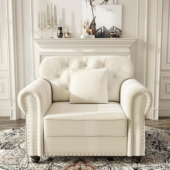 KEIKI 41" Velvet Chesterfield Sofa with Rolled Arms & Nailhead Trim & 1 Ottoman, Modern 1-Seater Button Tufted Couch with High Resilience Cushion & 1 Pillow, Easy Assembly, for Living Room, White