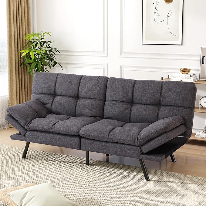 Vipbear Futon Sofa Bed Couch, 71" Convertible Sofa Bed, Space-Saving Loveseat with Adjustable Backrest & Armrest for Living Room,Apartment,Office, Grey Sleeper Sofa