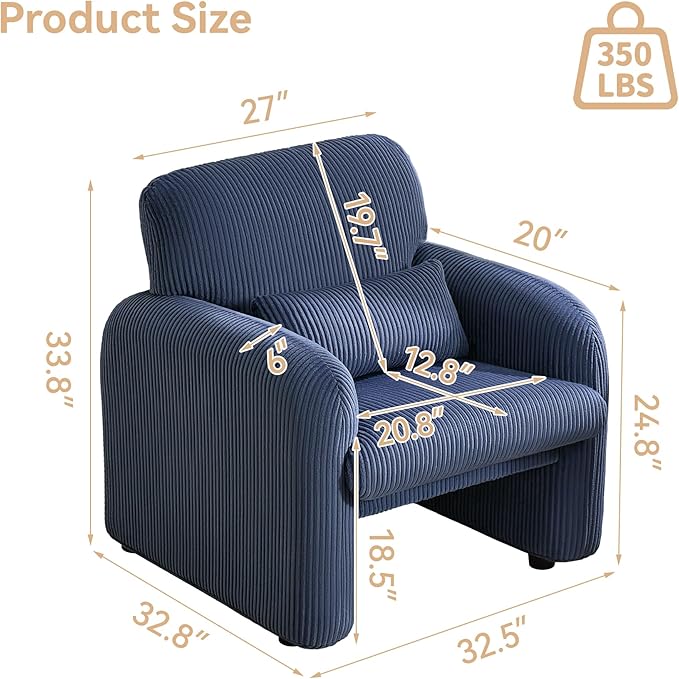 WUTUTUEE Corduroy Fabric Accent Chair, Modern Upholstered Living Room Chairs with Lumbar Pillow, Wide Comfy Leisure Armchair for Bedroom, Office, Reading, Blue