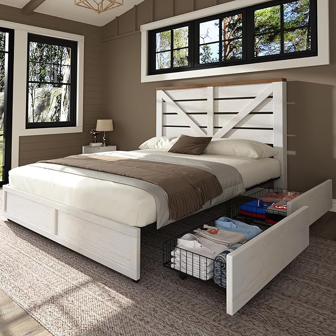 AMERLIFE 5 Piece Bedroom Set, Including Farmhouse Queen Size Bed Frame with 4 Drawers, 7 Drawer Dresser & 6 Chest of Drawers, 2 Nightstands with Charging Station for Bedroom, White