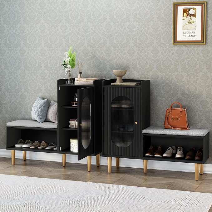 HLR Storage Bench Set of 2, Black Modern Entryway Shoe Cabinet Bench with Glass Door&Shelf, L-Shaped Storage Cabinet with Padded Seat for Hallway, Bedroom, Living Room, Office by HomeDeservesaRelaxLiving