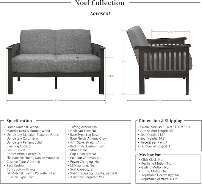 Lexicon Noel 49.5" W Fabric Living Room Sofa Loveseat, Gray
