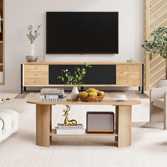 Oval Coffee Table for Living Room, 43.3” Farmhouse Coffee Tables with Storage, 2-Tier Wood Center Table with Storage Shelf Low Tea Table for Small Space, Home, Office, Easy Assembly (Natural)