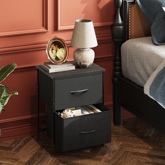 WLIVE Black Nightstand Set of 2, Night Stand with 2 Fabric Drawers, Small Dresser for Bedroom, Bedside Tables for Small Spaces, Dorm, Wood Top - Image 2