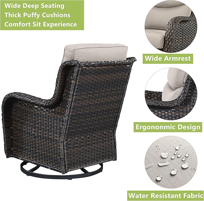 Rilyson Wicker Patio Furniture Set - 5 Piece Rattan Outdoor Sectional Conversation Sets with 2 Swivel Rocking Chairs,2 Ottomans and 1 Side Table for Porch Deck Garden(Brown/Beige/Smile)