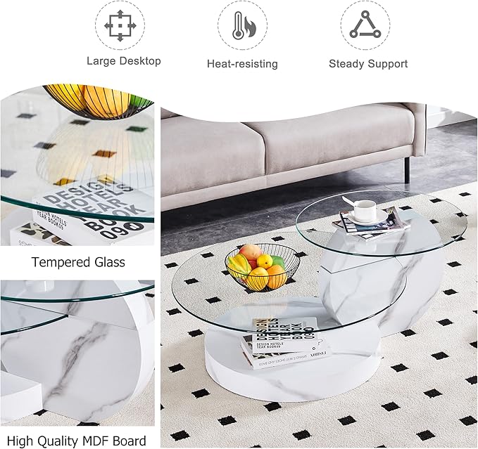 42" Glass Coffee Table, Round Coffee Table, 2-Tier Tempered Glass Tabletop with White Faux Marble Base, Modern Center Table for Living Room, Home, Apartment, Ideal for Small Space
