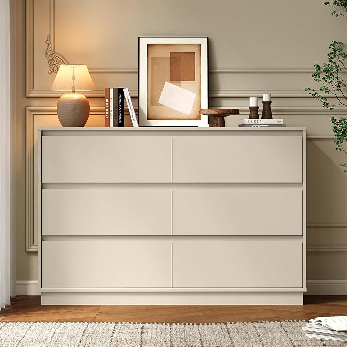 RoyalCraft Beige 6 Drawer Dresser for Bedroom with Charging Station, 47" Wide Modern Chest of Drawers, Wood Closet Clothes Storage Cabinet for Living Room - Image 7