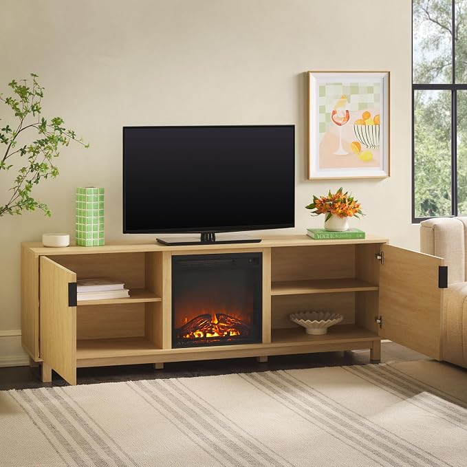 Walker Edison Arundo Reeded TV Stand with Fireplace & Storage, 70" Fireplace, Coastal Oak - Image 7