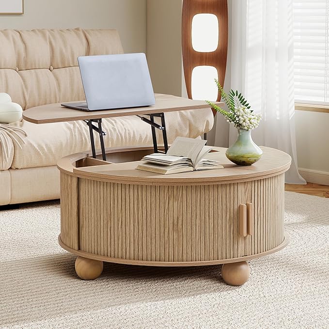 Fluted Round Lift Top Coffee Table with Hidden Storage, 33.5'' Modern Boho Center Table with Sliding Tambour Door & Solid Wood Legs, Circle Coffee Table for Living Room, Small Space, Natural