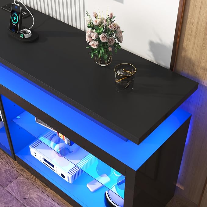 71" LED TV Stand with Power Outlet,60-Colors LED Lights For 65 70 80 in TV,High Gloss Gaming Entertainment Center w/Adjustable Shelves,Black TV Console with Modern Design for Living Room Bedroom - Image 8