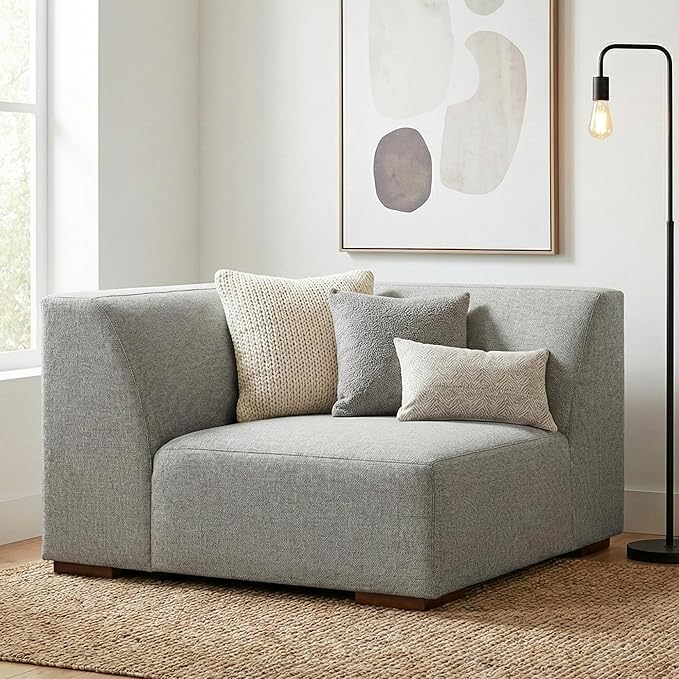 SIMPLIHOME Rex Corner Sofa Module in 100% Recycled Polyester Tightly Woven Performance Fabric, Pale Grey, 38-inches Wide, Handcrafted Modern-Style Corner Accent Chair for Living Room