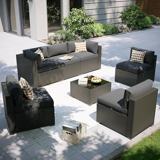 Aoxun Patio Furniture Set, 7 Piece Outdoor Sectional Sofas with Waterproof Cover, Wicker Rattan Outdoor Furniture Patio Conversation Set for Backyard, Garden Dark Grey