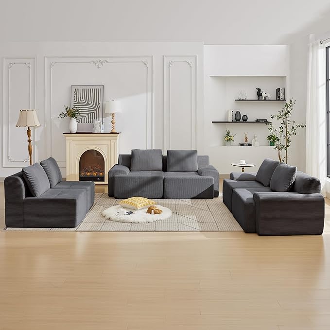 Modular Sectional Sofa with Movable Ottoman, 6 Seat Deep Seat Couch with 6 Pillows, Comfy Cloud Sectional Sofa for Living Room, Bedroom and Apartment (Grey, 2 Left+2 Right+2 Middle)
