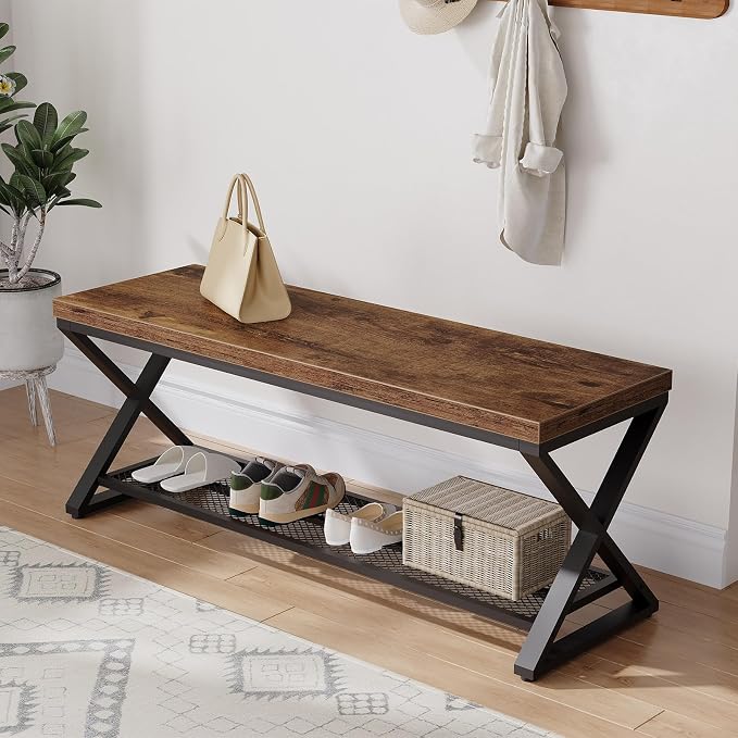 LVB Rustic Entryway Bench, 47” Shoe Bench with Storage for Entry Way, Industrial Shoe Rack Bench with Seating for Foyer Entrance, Farmhouse Wood Bench for Hallway Living Room Bedroom, Rustic Brown by LVB