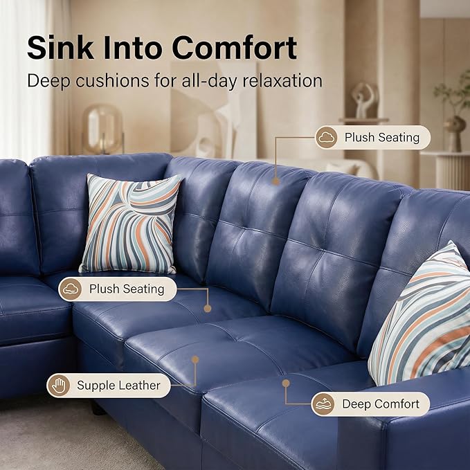 103.5 Inch Modern L-Shaped Couch, Faux Leather Sectional Sofa with Chaise Lounge, 4-Seater Couch with Accent Pillows for Living Room, Apartment, Blue