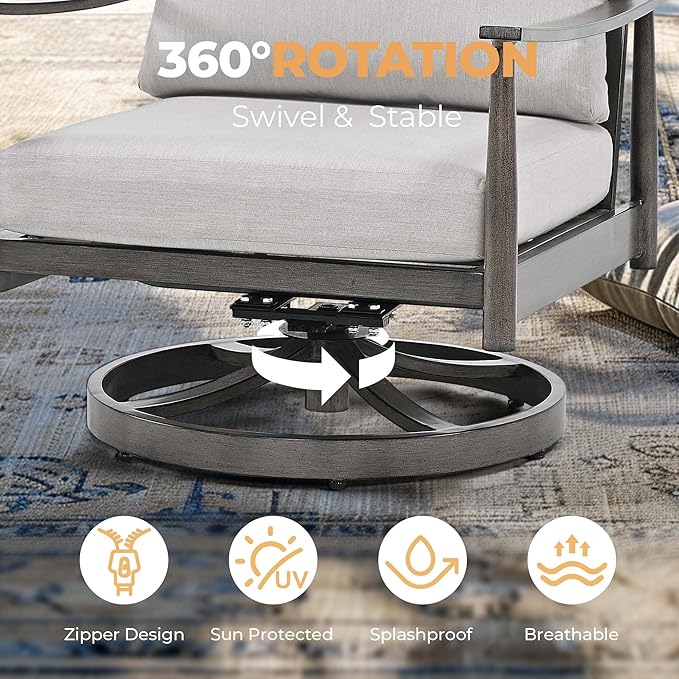 HAPPATIO Patio Outdoor Furniture Set - 6 Pieces Aluminum Outdoor Conversation Set with 1 Cushioned Loveseat, 1 Coffee Table, 2 Swivel Chairs, and 2 Ottomans for Yard, Porch, and Deck (Grey)