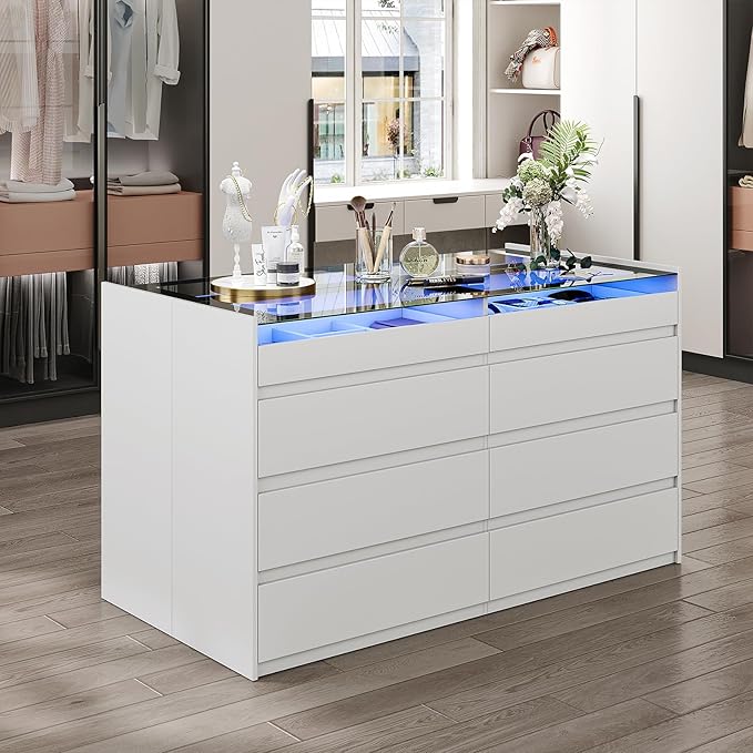 LIVAUVEAD Closet Island with Drawers, 16 Drawers Wardrobe Closet with Glass Top and LED Light，White Island Dresser with Jewelry Organizer for Bedroom & Cloakroom