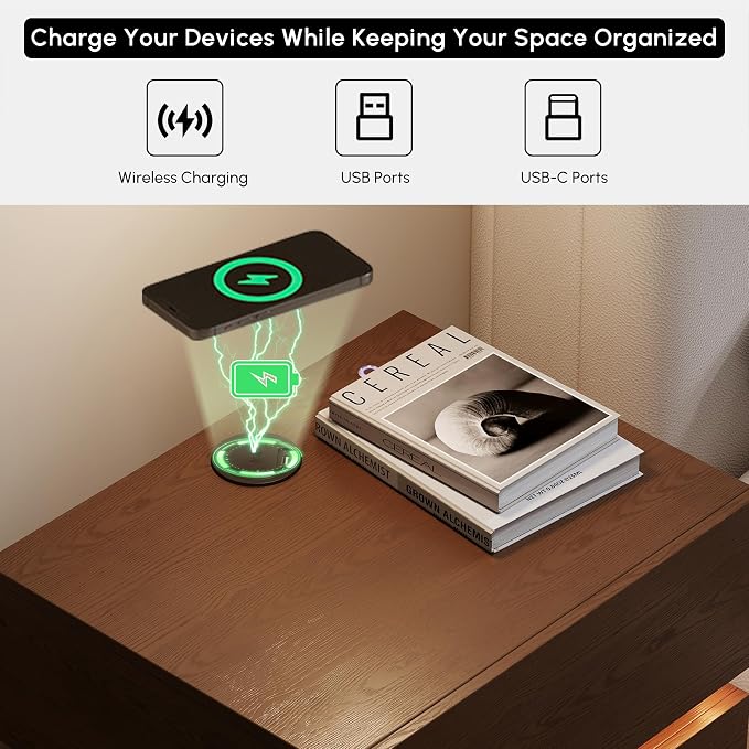 homary Smart Nightstand with Wireless Charging Station, USB & Type-C Ports, LED Light, 2 Drawers – Modern Walnut Bedside Table for Bedroom Storage - Image 3