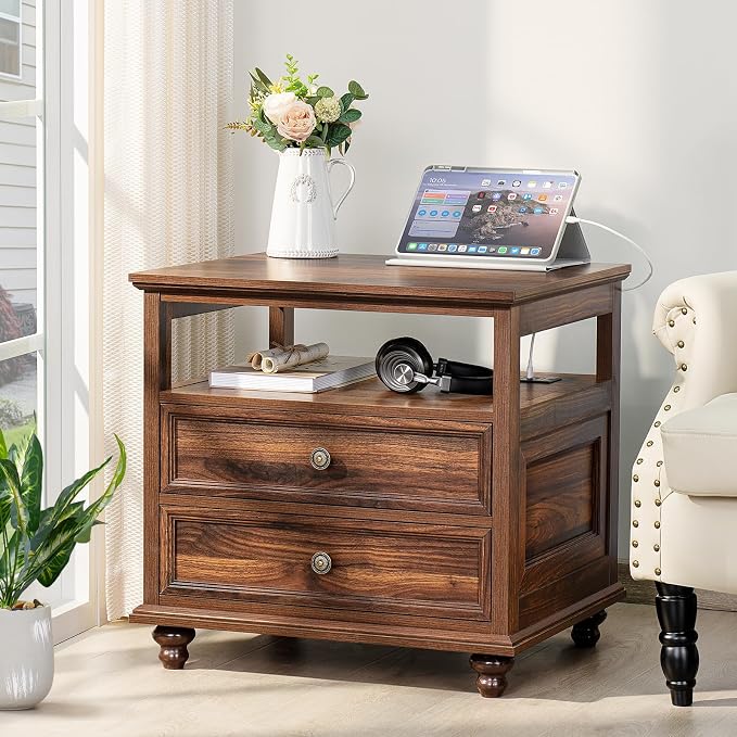 Joaxswe Farmhouse Nightstand with Charging Station, 24" Wide End Table with 2 Drawers,Brown Dresser for Bedroom, Bed Side Table Chest of Drawers Cabinet,Wood Night Stand for Living Room, Closet - Image 3