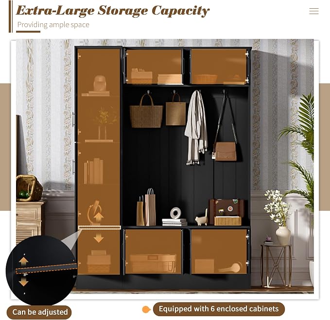 Merax Farmhouse Wood Hall Tree with 6 Hooks and Shoe Bench, Mudroom Versatile Coat Racks with 6 Cabinets & Adjustable Shelf, Entrance Organizer for Hallway, Entryway, Living Room Black - Image 5