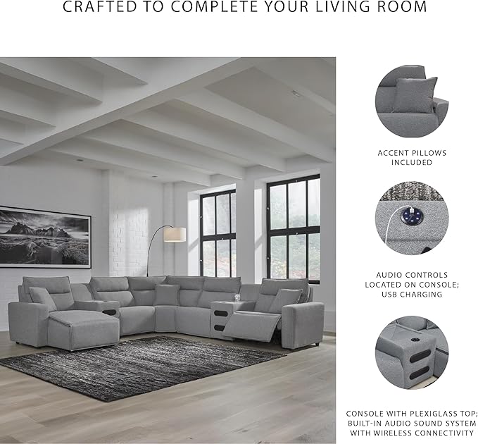 Signature Design by Ashley Modern ModMax II Stain Resistant U-Shape Right-Arm Facing 7-Piece Power Reclining Sectional with Chaise and Adjustable Headrest, Gray