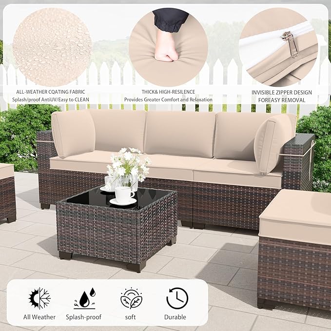 13 Pieces Outdoor Patio Furniture Set,Outdoor Sectional Furniture with 43" 55000 BTU Gas Propane Fire Pit Table,PE Rattan Wicker Patio Conversation Set with 10 Thickened Cushions,Sand
