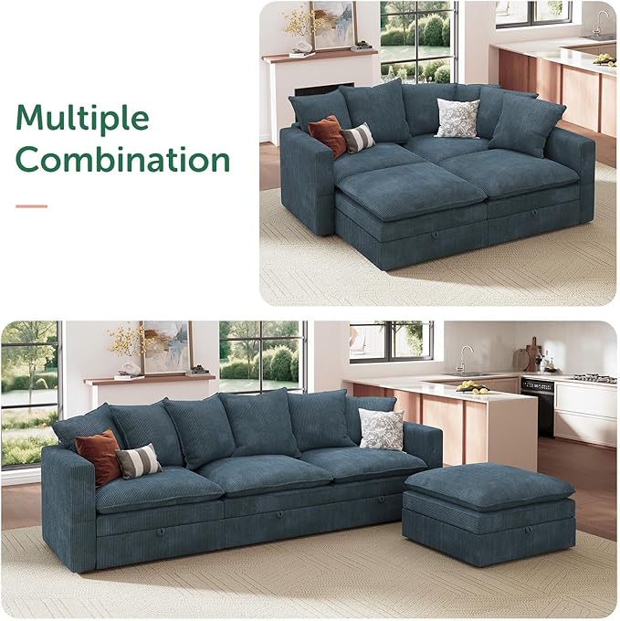 HONBAY Modular Sectional Sofa, 105.5 Inch Corduroy Sectional Couch, 4 Seaters L Shaped Sofa with Storage & Pillows for Living Room, Blue