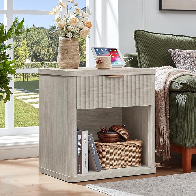 LEYAOYAO Fluted Farmhouse Nightstand Set of 2 with Charging Station, 23" Wide 1 Drawers Night Stand,LightGrey Dresser for Bedroom,Bed Side Table Chest of Drawers,Wood End Table for Living Room - Image 3