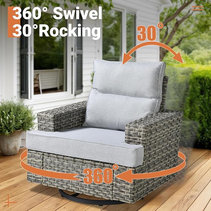 ovios 8 Piece Patio Sectional Furniture with Swivel Rocking Chairs, Rattan Wicker Coversation Set with Glowing Coffee Table, Outdoor Sofa Set for Outside Porch Balcony Backyard Pool,Light Grey