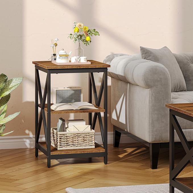 Bigbiglife Living Room Coffee Table Set of 3, Industrial X-Design Coffee Table and 2 End Side Tables, 3 Piece Living Room Table Set with Large Storage for Apartment Home (Rustic Brown)