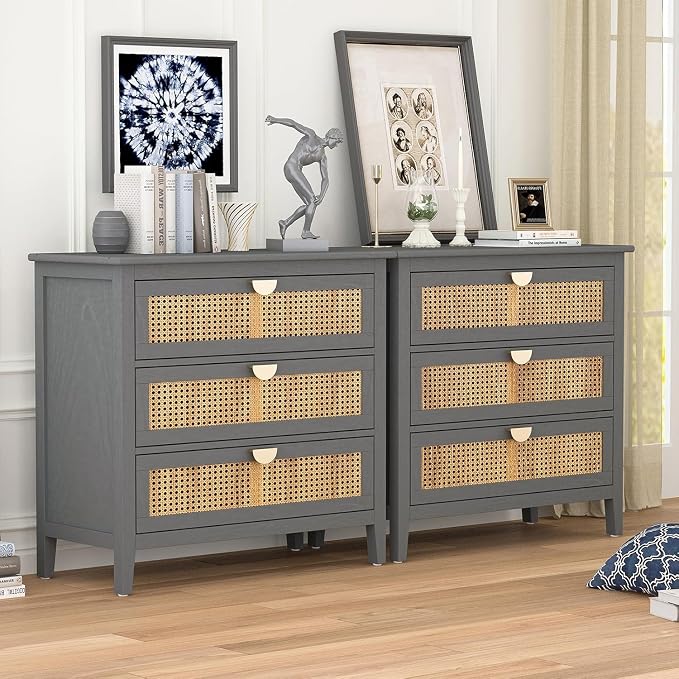 31.5" Wide Rattan Nightstand with 3 Drawers, Modern Boho Storage Cabinet with Solid Wood Legs & Golden Handles, Large Accent Table for Bedroom, Grey, 1 PC - Image 8