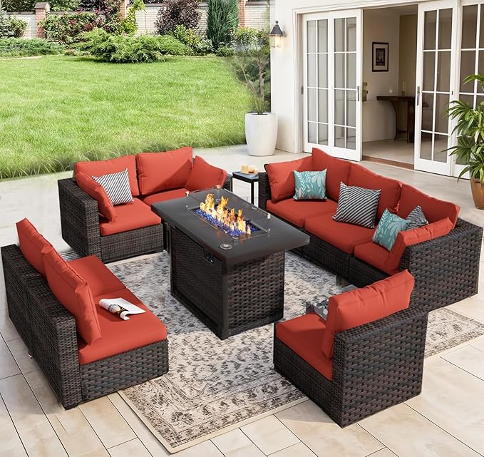 9 Piece Patio Furniture Set with Fire Pit Table, Outdoor Sectional Sofa PE Rattan, Patio Conversation Sets with Cushions for Garden Lawn Balcony Porch Deck Red