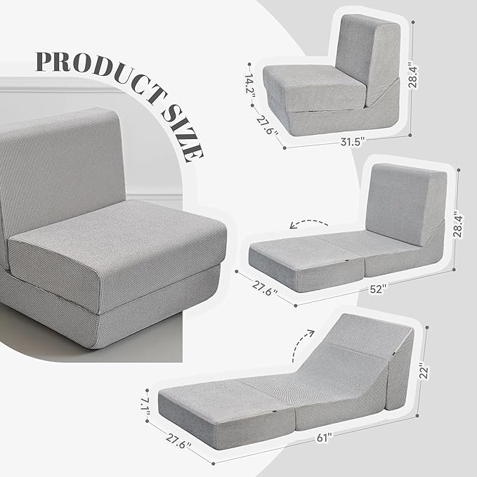 Folding Sofa Bed, Convertible Chair Bed Sleeper for Adults, Memory Foam Futon with Washable Cover, Single Fold Out Couch for Living Room Bedroom Office Dorm, Classic Checkered