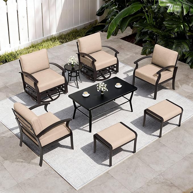 ALAULM Aluminum Patio Furniture Set with Coffee Table Rectangular, 6-seat Outdoor Sectional Furniture w/Swivel Chairs and 2 Ottomans, Patio Conversation Set for Porch, Backyard, Poolside-Sand